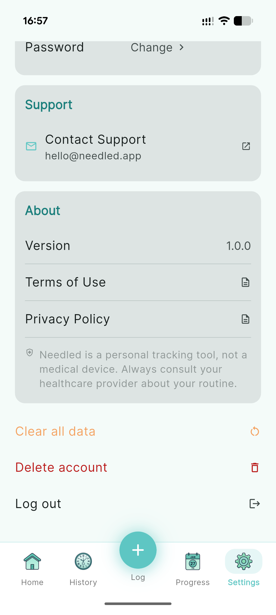 Needled app Settings screen showing the Clear all data and Delete account options