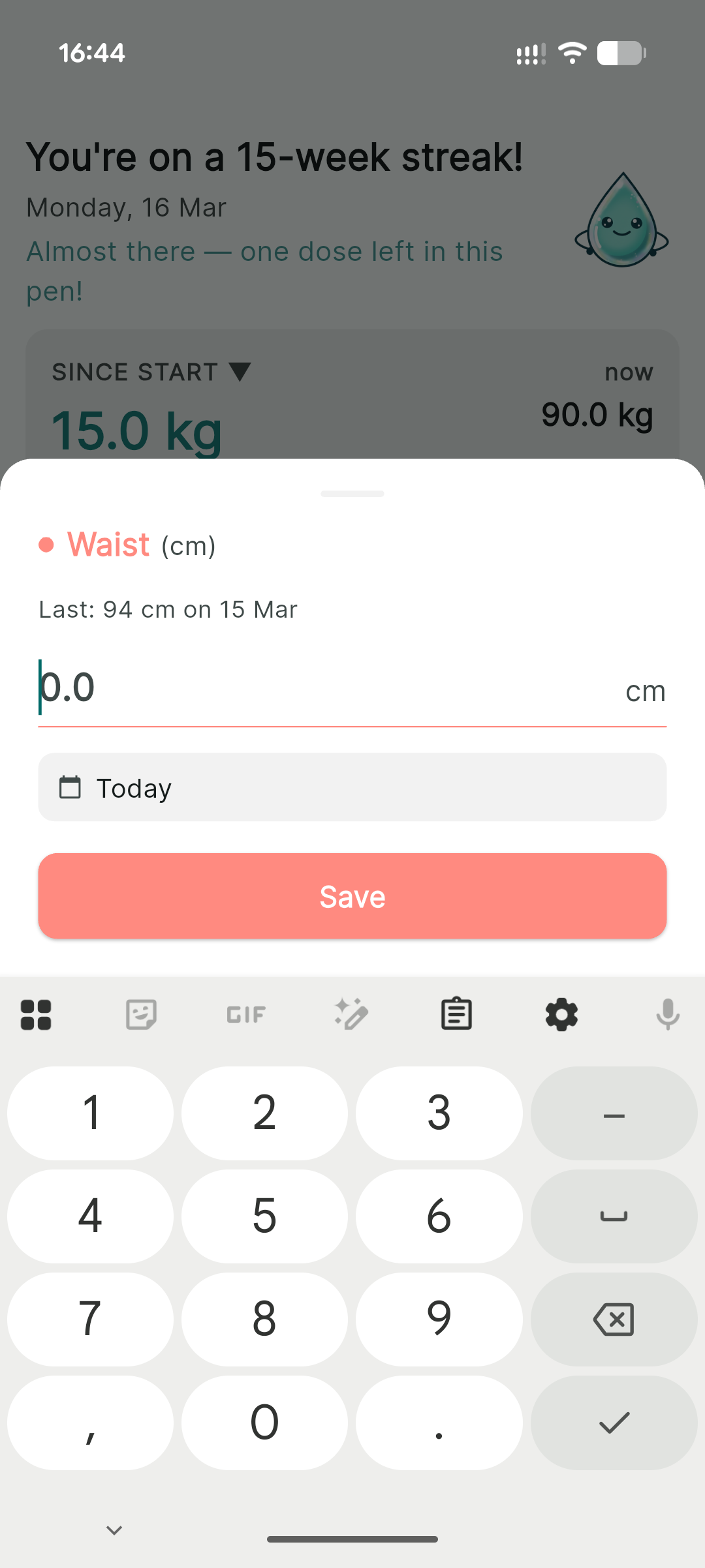 Custom metric entry for waist measurement tracking
