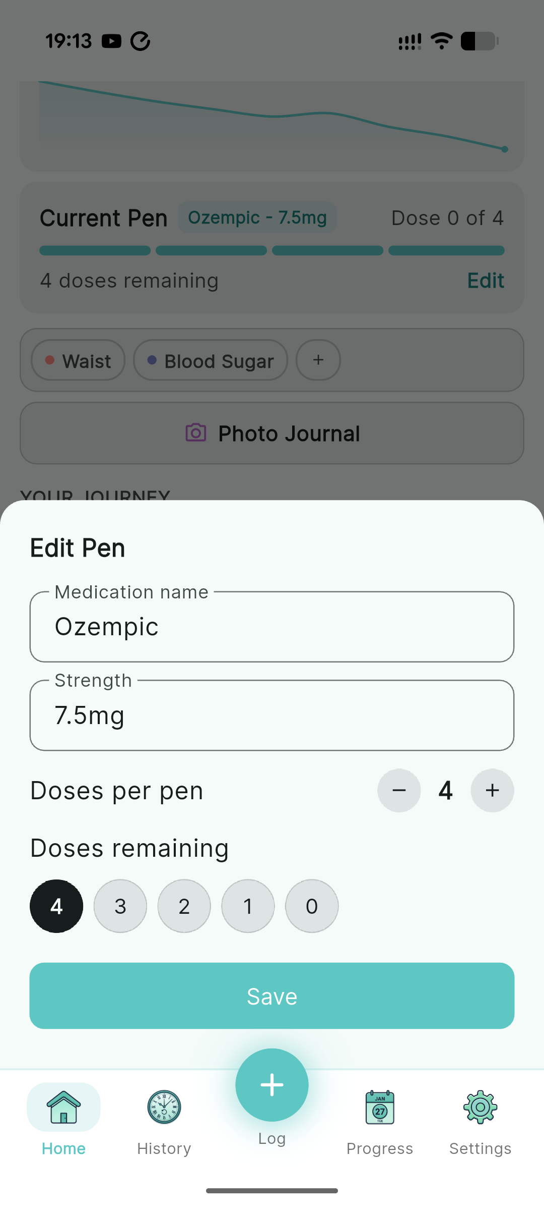 Pen management showing doses remaining and pen history