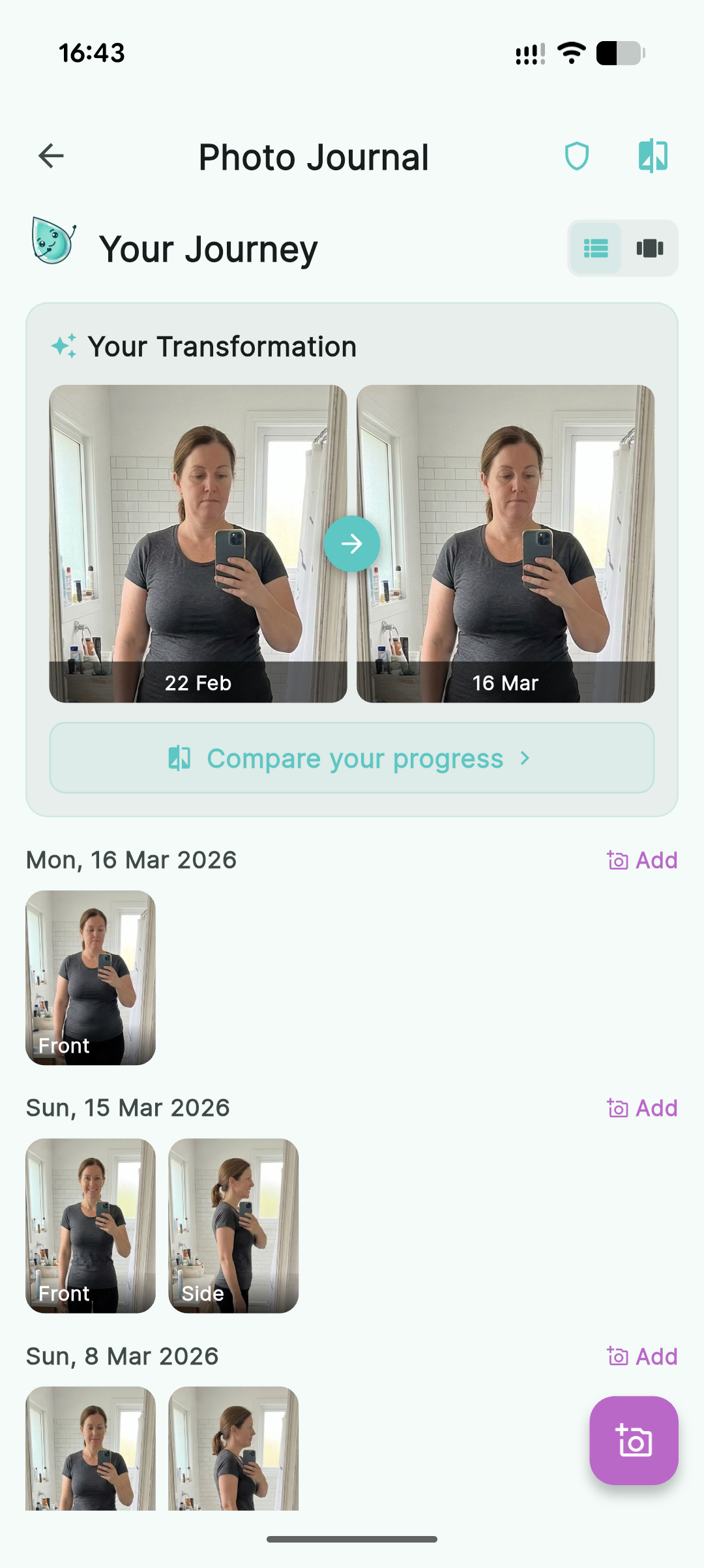 Photo journal timeline showing transformation progress photos